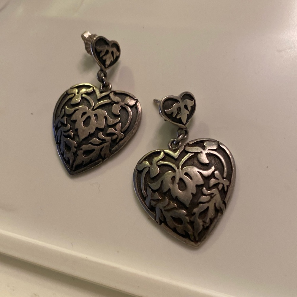 925 Sterling Silver Vintage Victorian Floral Heart Drop Dangling Earrings